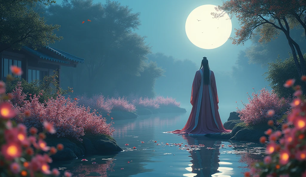 best qualityer, Cao Cao_resolution, distinct_imageio, detailed back ground ,Kizi, Hanboks,flowers,Garden,moonligh, natta,dutch angle, wide plan, tails,  