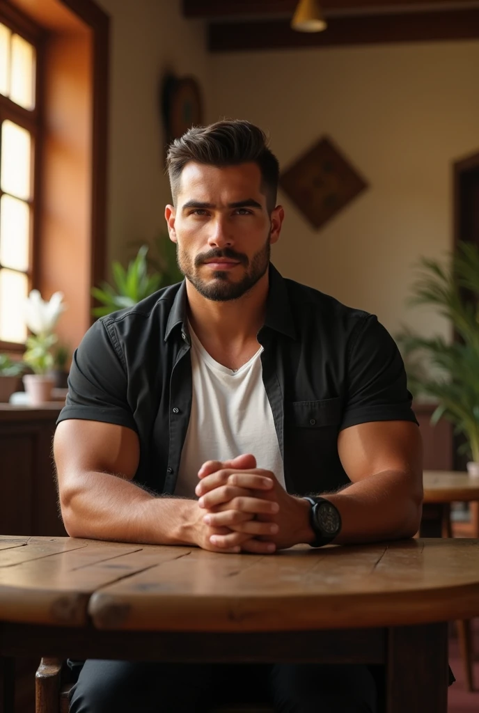 A big boy in a white t-shirt and black open shirt sitting at a table in a softly lit colonial Quito house
