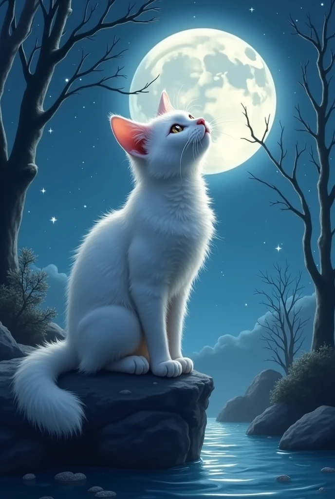 chat blanc qui chante une chanson sous la lune