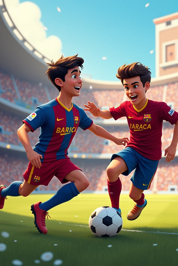 Make a mini field game art between Barça and Real Put the names of Real da Vila and Barça da Vila on the shirt 
