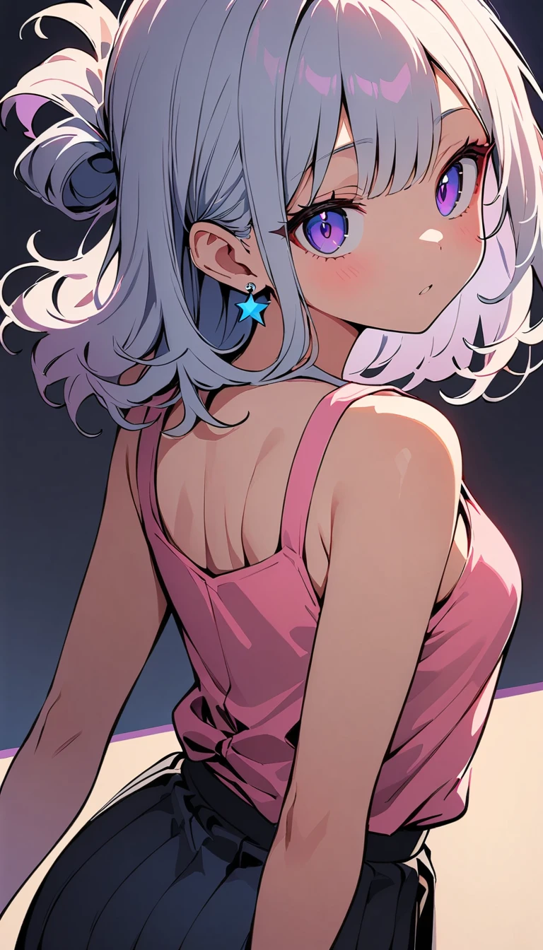 (high quality, 8k, 4K, High Contrast, masterpiece:1.2, 最high quality, Best aesthetics), (Dynamic Angle), ((1 female teen)), ((Plain and bright background)), ((Flat Color)), (Pink tank top), (Black mini skirt)((Leaning forward posture)), Turning his back, Lifting her butt high, Looking at the audience, Upper Body, Transparent Background, (Cool look), Sleepy eyes, High Contrast, Contrasting colors, , Pale pink and blue lighting, ((Medium Hair)) , (Tied Hair), Grey Hair, Purple Eyes, Small star-shaped earrings in both ears, watch, bright eyeshadow,