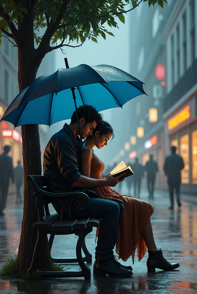 A man holding a woman is shoulders and the are siting on a banch and he reading a book and the climate is rainy and under the umbrella and other people and runing to shopes . The falling heavy rain surround a tree umbrella colour is blue and the dressing is aa bad boy style cyber style