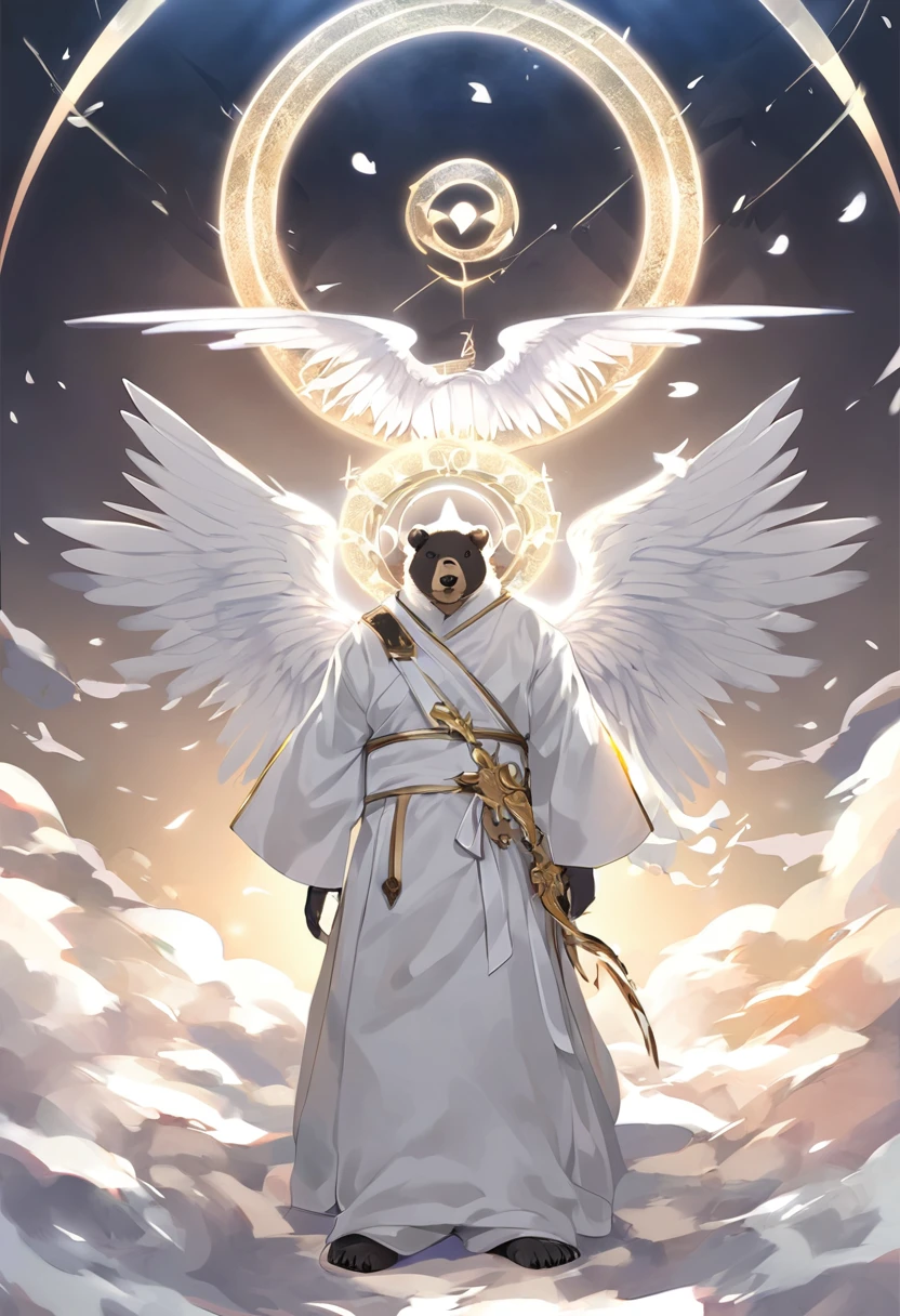 Black Bear，personification，strong，White angel wings，Angel Halo，White Robe。