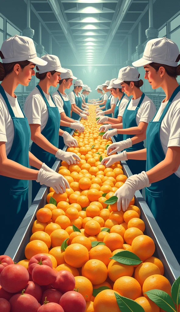 create an image where there are many collaborators with caps, apron, mitts, working in an agroindustry with fruits and, illustration realista comercial, workers, incrível illustration alimentar, profile image, in a factory, illustration!, manufacturing, Industries,