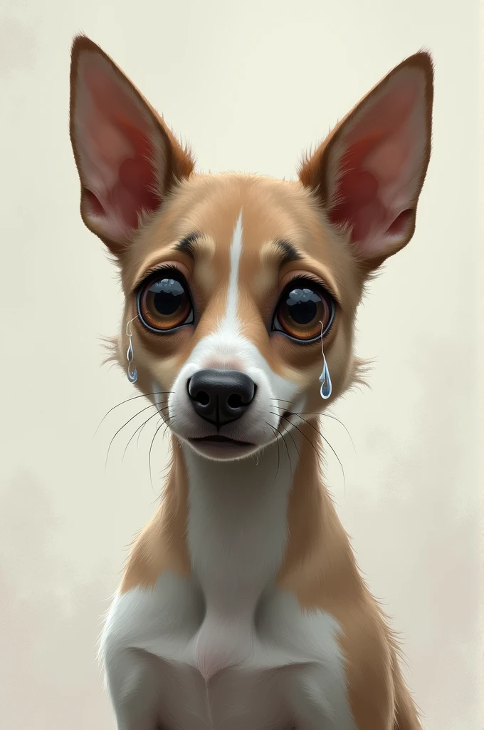 Create an image of a dog with big eyes and thin ears pointing up and tears coming out of its eyes 