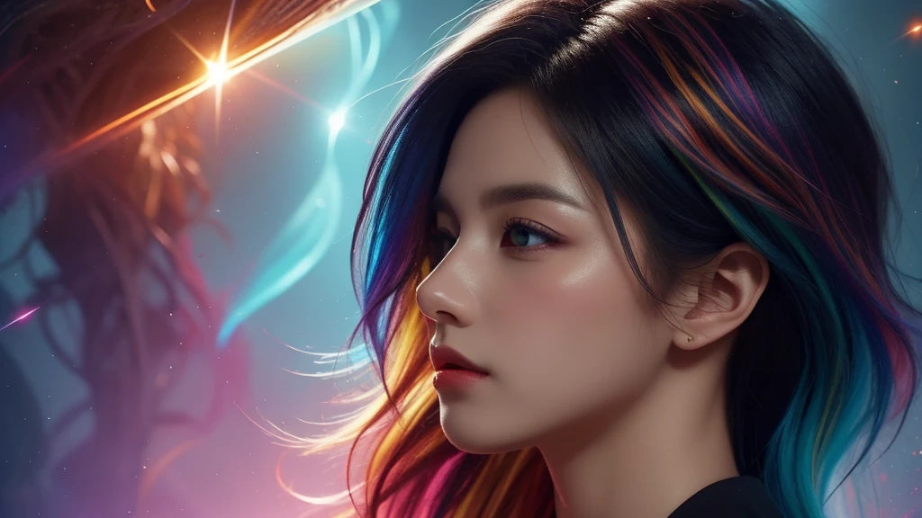 {{masterpiece}}, best quality, Extremely detailed CG unified 8k wallpaper, movie lighting, lens flare, beautiful details eyes, Black, side view, multi color hair, rich and colorful light, particle, heterochromia, (rich and colorful:1.5), (rich and colorful hair:1.5),