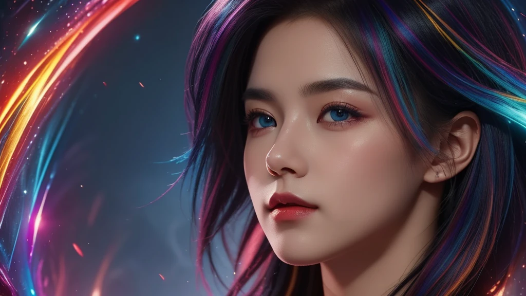{{masterpiece}}, best quality, Extremely detailed CG unified 8k wallpaper, movie lighting, lens flare, beautiful details eyes, Black, side view, multi color hair, rich and colorful light, particle, heterochromia, (rich and colorful:1.5), (rich and colorful hair:1.5),