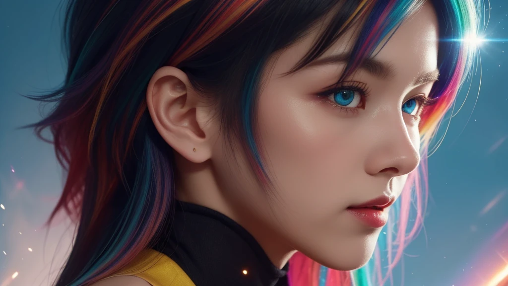{{masterpiece}}, best quality, Extremely detailed CG unified 8k wallpaper, movie lighting, lens flare, beautiful details eyes, Black, side view, multi color hair, rich and colorful light, particle, heterochromia, (rich and colorful:1.5), (rich and colorful hair:1.5),