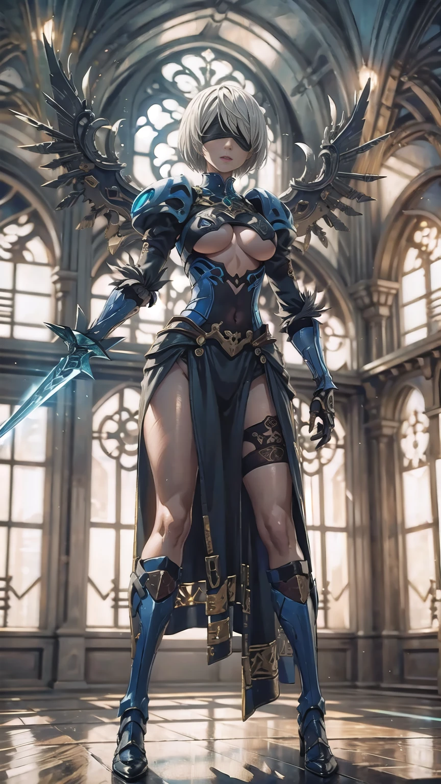 Make a 'kitbash' of Lenneth from 'Valkyrie profile' and 2B from 'Nier: Automata', combine 2B and Lenneth, solo, 1girl, BREAK: ((bright sapphire blue mech4rmor)), (boob window:1.37), thigh cutout, long skirt, (blindfold:1.27), wings, BREAK: standing contrapposto, (holding glowing sword), light smile, BREAK: plains, castle, BREAK: (better hands, best hands,) (insanely detailed, masterpiece, best quality), strong_negative