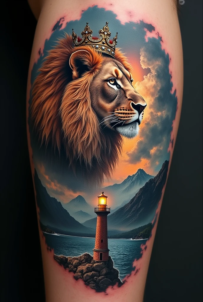 Name Daniel Reigadas Leon.Tattoo of a lion with a crown, Incredible bricks and colors in hyper-realistic 8k quality,tattoo,a lighthouse in the background and the mountain, sunny and rainy,Storm,good heavens,thunders,cyberpunk.
