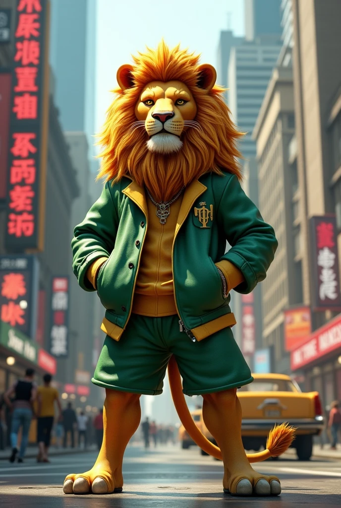 3D animated lion posing in New York dressed in green with a hip hop style
