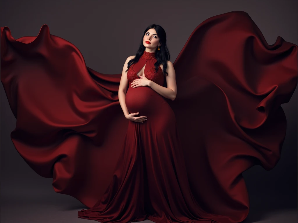 medieval princess with dark brown hair and dark eyes, pregnant, clad in a regal red dress with black embroidery in dragon patterns. She also wears a crown inspired in dragons