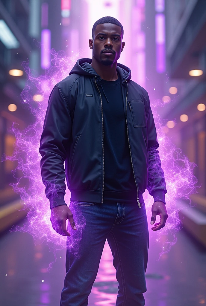 (prismatic coloration, holographic environment) A young African-American man with a deep, rich brown skin tone. He has a buzz-cut haircut & is wearing wearing A Black Jacket & dark blue Jeans. He has calm Purple eyes and a Gentle smile. He is standing in a battle ready stance wielding an deep purple & Black energy bubble made of Void
