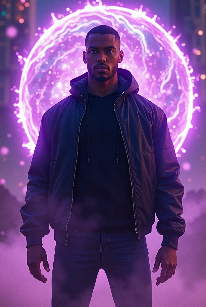 (prismatic coloration, holographic environment) A young African-American man with a deep, rich brown skin tone. He has a buzz-cut haircut & is wearing wearing A Black Jacket & dark blue Jeans. He has calm Purple eyes and a Gentle smile. He is standing in a battle ready stance wielding an deep purple & Black energy bubble made of Void