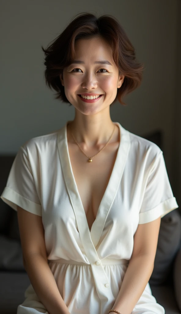 Highest quality, Very detailed, masterpiece, 1 person,Japanese women,(((Perfect female body))),Very beautiful face, Very beautiful body,Gentle expression, Very beautiful eyes,(Perfect Makeup:1.1),Big Breasts,40s、short hair、Brown Hair:1.3, Big Breasts、Soft-looking body、モノトーンビッグサイズShort sleeveシャツ,Ankle Pants,necklace,anklet,A kind smile,Full body portrait,(Indoor Background:1.3), (Glowing Skin),(Earrings),Short sleeve