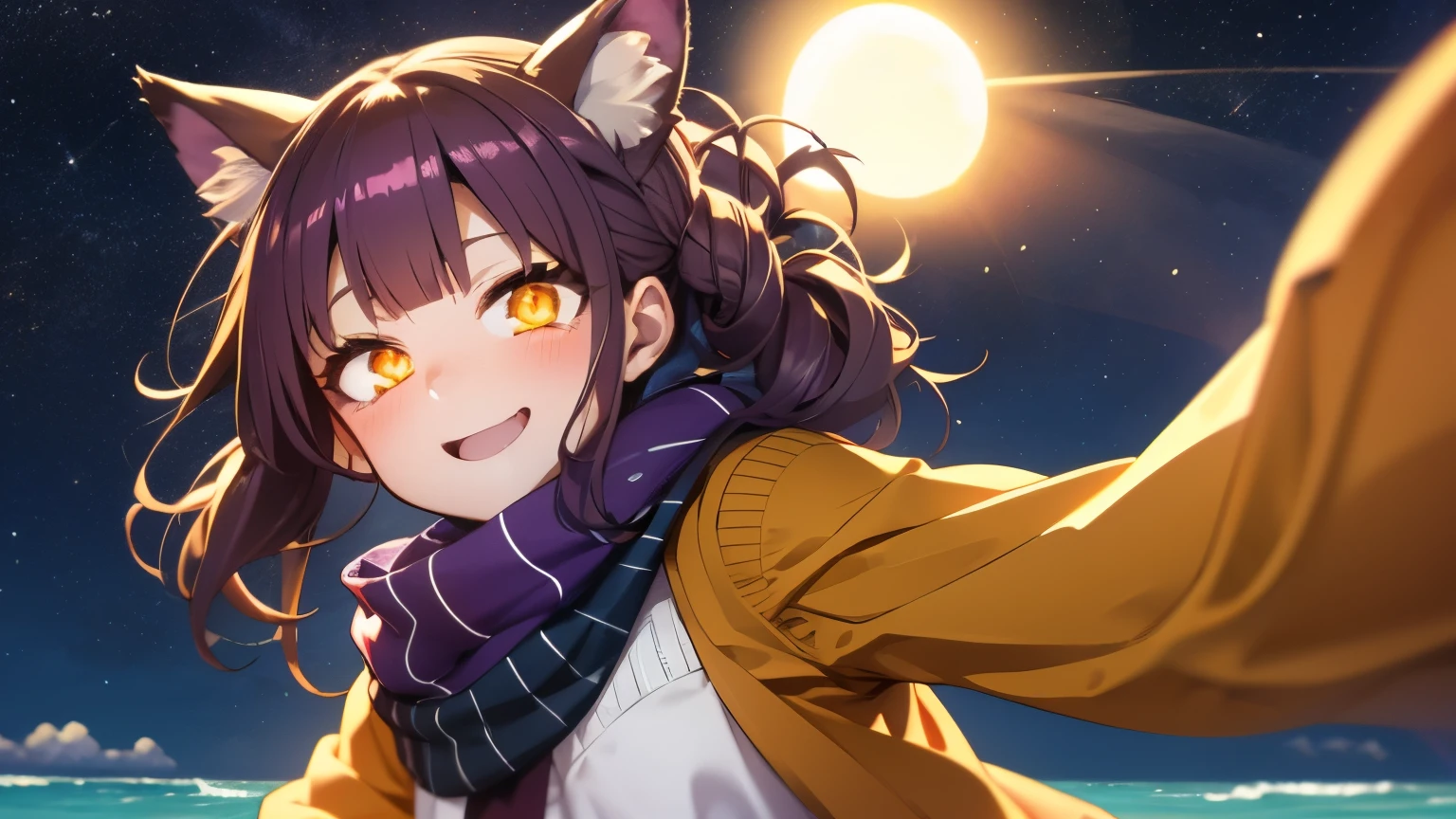 photorealistic, 1girl, saturated violet hair, orange fox ears (1.7), flat chest (1.7), puffed out her cheeks, saturated glowing bright orange eyes, cat-like pupils (2), sandy beach, denim shorts, sweater, narrow waist (2), happy eyes, cutely holds,flirts(1.6), orange scarf,hands behind back, sweet smile, beautiful starry sky, the sun is behind