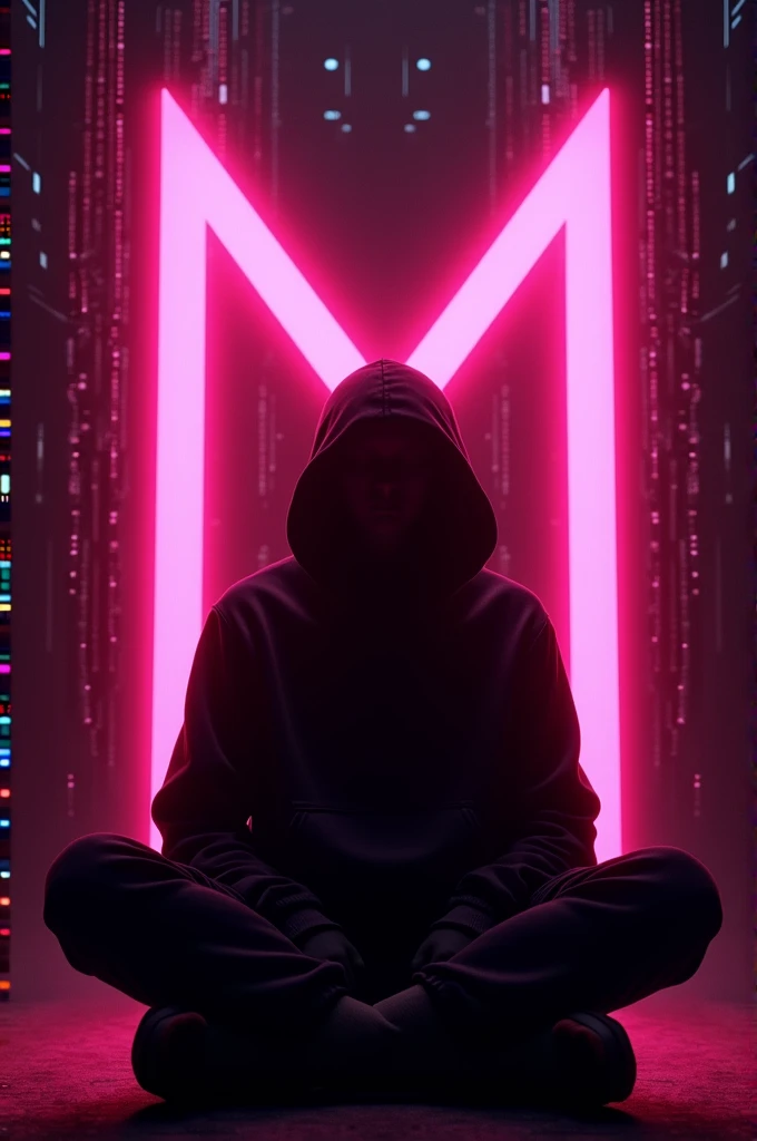 A mysterious figure in a black hooded sweatshirt sits in the center of a glowing neon pink "M" with a digital matrix background. The figure is obscured by the shadows of the hood. The "M" is surrounded by streaks of light and digital code. The text "ADITYA" is in bold white letters below the figure. [Digital art, cyberpunk style], [inspired by the work of Beeple], [lighting: neon pink, focus on the figure, background: digital matrix code, texture: smooth, rendering: high quality]