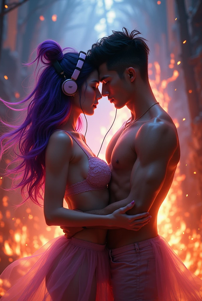 Korean purple hair butterfly woman with headphone and transparent clothes and demon hell boy boyfriend all on fire handsome young boyfriend korean woman 