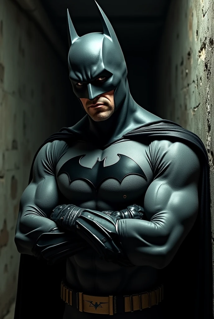 face focus shot, 1 man, solo, Christian Bale as Batman, tall, hunk, muscular, bulk, wide shoulder, photorealism, smirking face, crossed arms, (leaning onto a wall), dark dirty grey suit, dark grey arms, ((no mask)), mask off, black hair, black gloves, best quality, masterpiece, high resolution:1.2, black cape, high detailed mask, high detailed suit, high detailed face, award winning, night time, a dark cave in the background, indoors