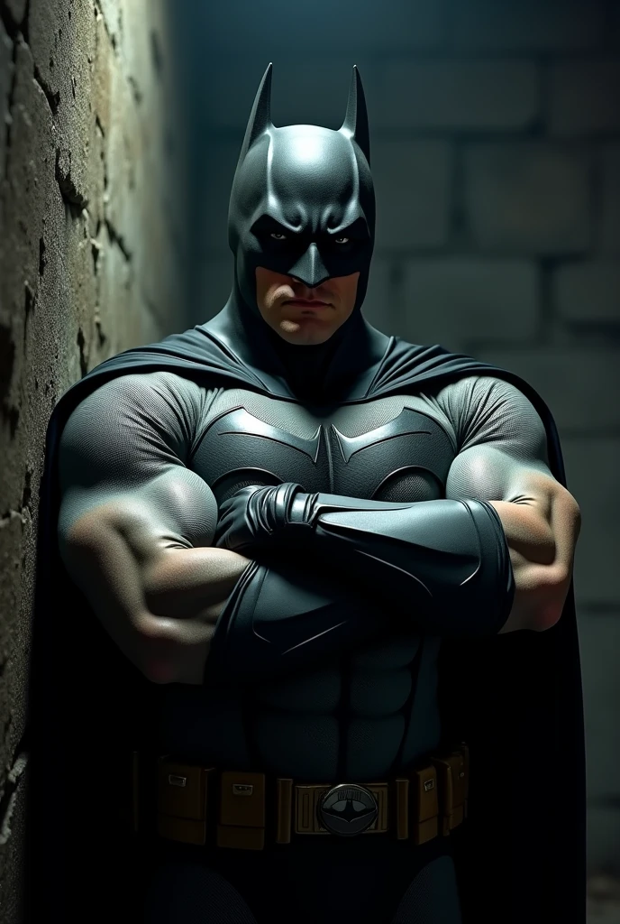 face focus shot, 1 man, solo, Christian Bale as Batman, tall, hunk, muscular, bulk, wide shoulder, photorealism, smirking face, crossed arms, (leaning onto a wall), dark dirty grey suit, dark grey arms, ((no mask)), mask off, black hair, black gloves, best quality, masterpiece, high resolution:1.2, black cape, high detailed mask, high detailed suit, high detailed face, award winning, night time, a dark cave in the background, indoors