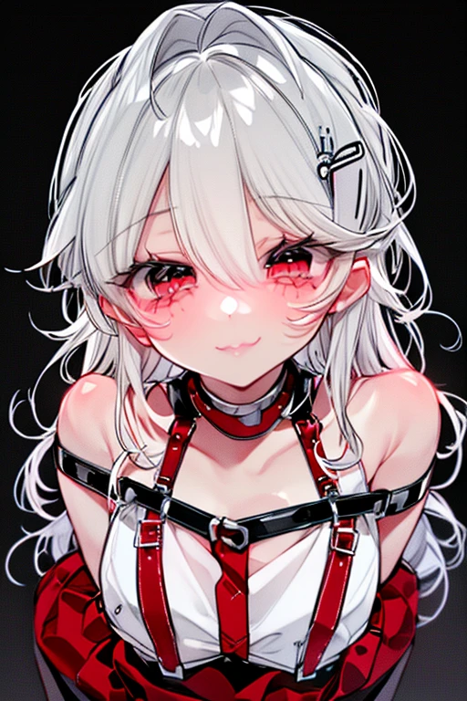 adult female,((body harness)),(corset),((GARTER BELT)),high-heels,((simple background)),ssmile,((whole body)),((whole body)),((all-body)),character sheet, Produce an anime-style image, The girl, skin black, , it has ((Red eyes)) charming. {dark-skinned} white  hair, The girl de corpo inteiro, Possession of a goddess, )Portrait of character,((vertical)),Standing vertical with arms down