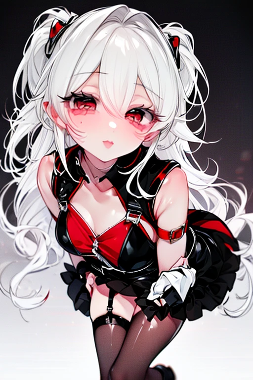 adult female,((body harness)),(corset),((GARTER BELT)),high-heels,((simple background)),ssmile,((whole body)),((whole body)),((all-body)),character sheet, Produce an anime-style image, The girl, skin black, , it has ((Red eyes)) charming. {dark-skinned} white  hair, The girl de corpo inteiro, Possession of a goddess, )Portrait of character,((vertical)),Standing vertical with arms down