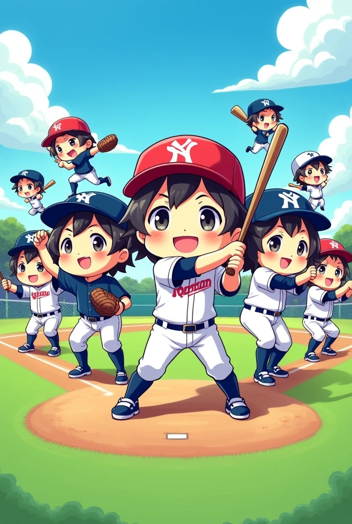 Vibrant Japanese manga-style illustration, chibi style, featuring 9 adorable baseball players each striking a batting or pitching pose.