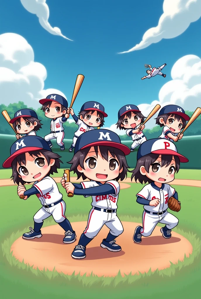 Vibrant Japanese manga-style illustration, chibi style, featuring 9 adorable baseball players each striking a batting or pitching pose.