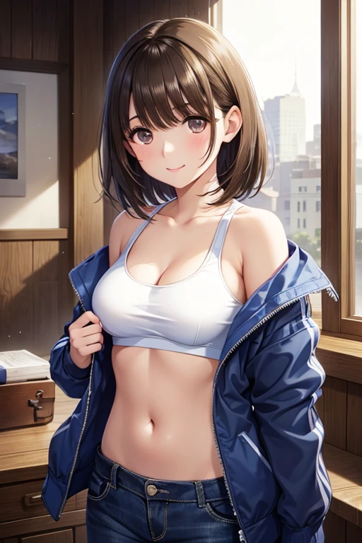 (((masterpiece))), ShizukaMikazuki, 1girl, solo, looking at viewer, short hair, brown hair, long sleeves, cleavage, medium breasts, closed mouth, collarbone, jacket, open clothes, open jacket, blue jacket, ground vehicle, sports bra, bicycle,