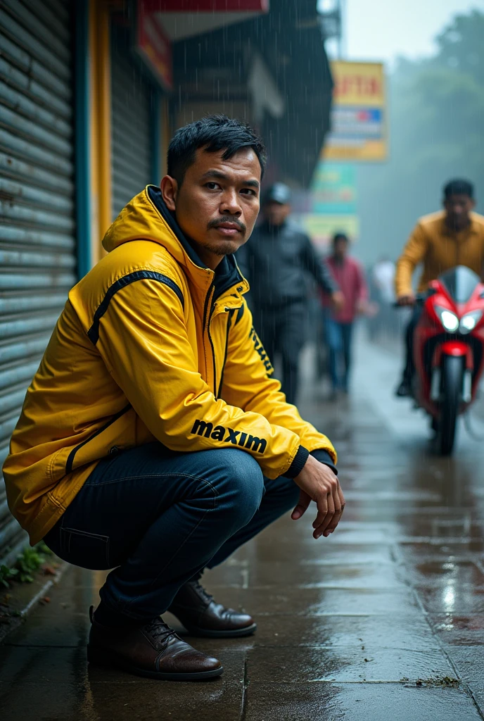 an Indonesian man wearing a yellow motorbike jacket, yellow sleeves, with the words "MAXIM", he was squatting next to his HONDA SUPRA GTR 150CC motorbike on the side of the main road, in front of a shop with a closed rolling door, sheltering from the heavy rain. torrential, with several people who were in the shade also with him, the picture was taken from the side with his face facing the camera, a very real photo, very realistic, lifelike style. Stunning graphics.