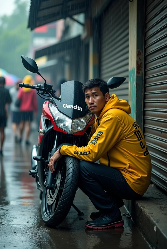 an Indonesian man wearing a yellow motorbike jacket, yellow sleeves, with the words "MAXIM", he was squatting next to his HONDA SUPRA GTR 150CC motorbike on the side of the main road, in front of a shop with a closed rolling door, sheltering from the heavy rain. torrential, with several people who were in the shade also with him, the picture was taken from the side with his face facing the camera, a very real photo, very realistic, lifelike style. Stunning graphics.