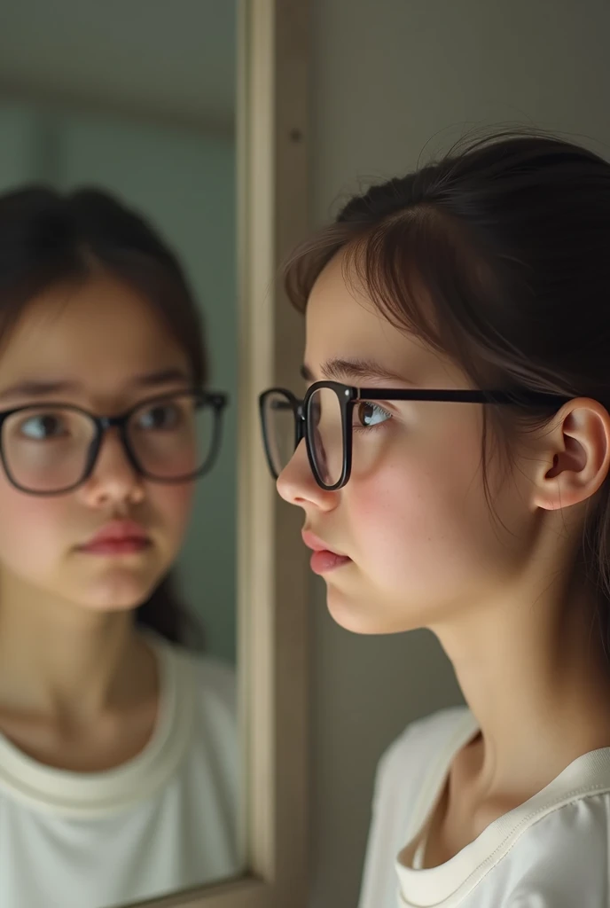 The image must be attractive and directly related to the theme. It can show a young person (may be male or female) looking into the mirror with a slightly worried expression. On the person's nose, the marks left by the glasses must be visible, highlighted in a subtle but noticeable way. The person is holding the glasses slightly away from the face, as if observing the marks caused by prolonged use.The image can have a neutral or bathroom background, with a mirror reflecting the image of the person. In the mirror, the marks on the nose are the main focus, while the glasses are shown in one hand, highlighting the problem the carousel will address.Soft, neutral colors for the background, highlighting the glasses (black, brown or metallic) and the person's skin, so that the marks on the nose are clearly visible. Colors should be inviting and subtly draw attention to the problem.