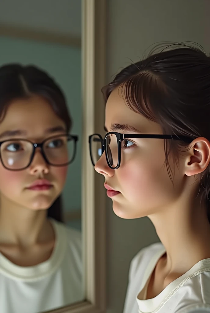 The image must be attractive and directly related to the theme. It can show a young person (may be male or female) looking into the mirror with a slightly worried expression. On the person's nose, the marks left by the glasses must be visible, highlighted in a subtle but noticeable way. The person is holding the glasses slightly away from the face, as if observing the marks caused by prolonged use.The image can have a neutral or bathroom background, with a mirror reflecting the image of the person. In the mirror, the marks on the nose are the main focus, while the glasses are shown in one hand, highlighting the problem the carousel will address.Soft, neutral colors for the background, highlighting the glasses (black, brown or metallic) and the person's skin, so that the marks on the nose are clearly visible. Colors should be inviting and subtly draw attention to the problem.