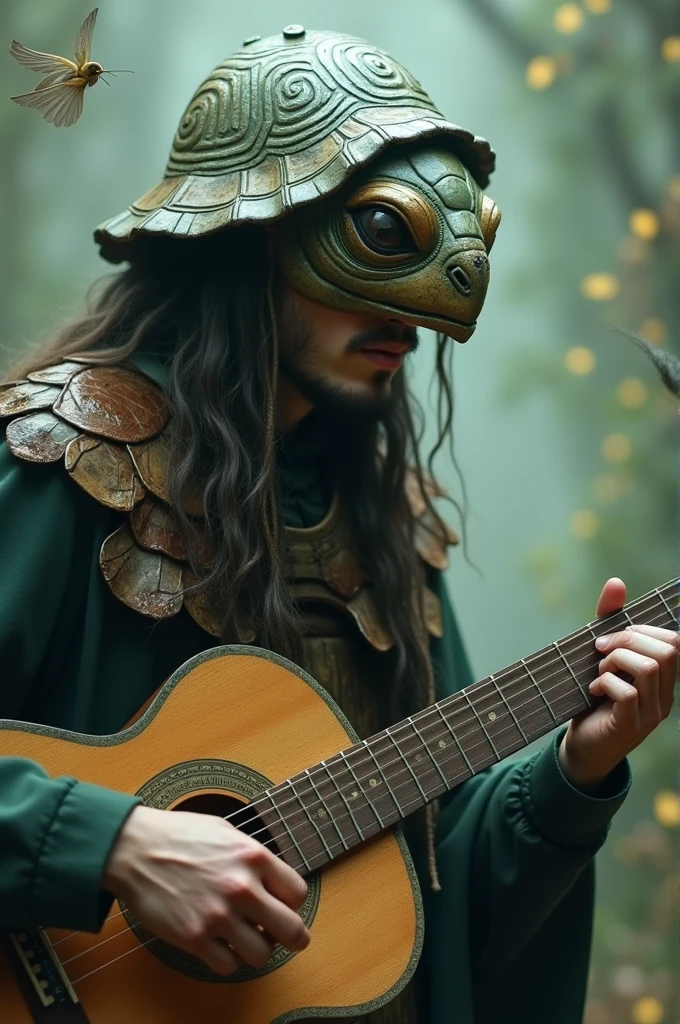 Make a man with a turtle mask playing a guitar 