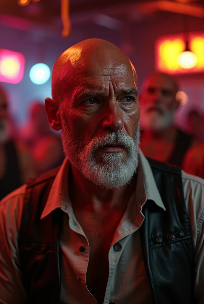 handsome middle aged man, gentleman, casual shirt, detailed concerned face, small white mustache, balding, open mouth, looking around in a gay night club, background with multiple bearded powerlifter grandpas wearing leather vests with huge white beards, insane detail, 18 k, hdr, high dynamic range, rim lighting, subsurface scattering, pores, detailed skin, shot on a Hassleblad X2 D with Kodak Ektachrome 64 film, vibrant colors, professional photography, subsurface scattering, softbox lighting, photorealistic, high contrast, 8k HD, oiled skin, detailed skin texture, RAW, ultra realistic, textured skin, emotional scenes, high contrast lighting