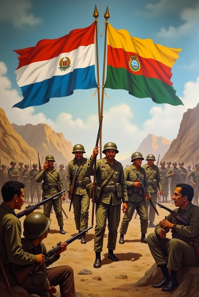 Here's a prompt in English for the mural sketch:

"A painted mural depicting the Chaco War between Paraguay and Bolivia (1932-1935). The mural should feature a barren battlefield with soldiers from both sides in combat. In the center of the mural, prominently displayed and uniting both sides, are the flags of Paraguay and Bolivia, waving side by side. The flags cross in a symbol of reconciliation and respect. In the background, there are mountains and the Gran Chaco, with cloudy skies reflecting the tension of the conflict. On the sides of the mural, scenes of daily life for soldiers and civilians affected by the war are depicted. The colors should be strong and contrasting, with an emphasis on earthy tones and the national colors of both flags."