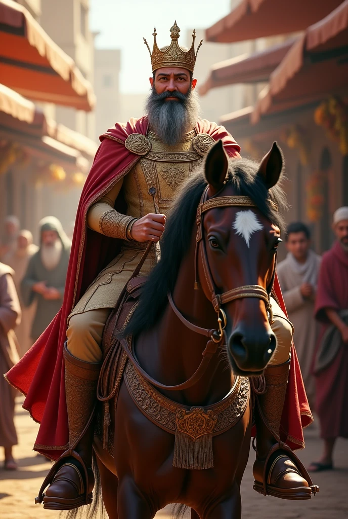 A Persian king with his crown and short gray beard Smiling riding a horse next to the horse an official man of the king of Persia with a white beard in the background the Persian market with spices