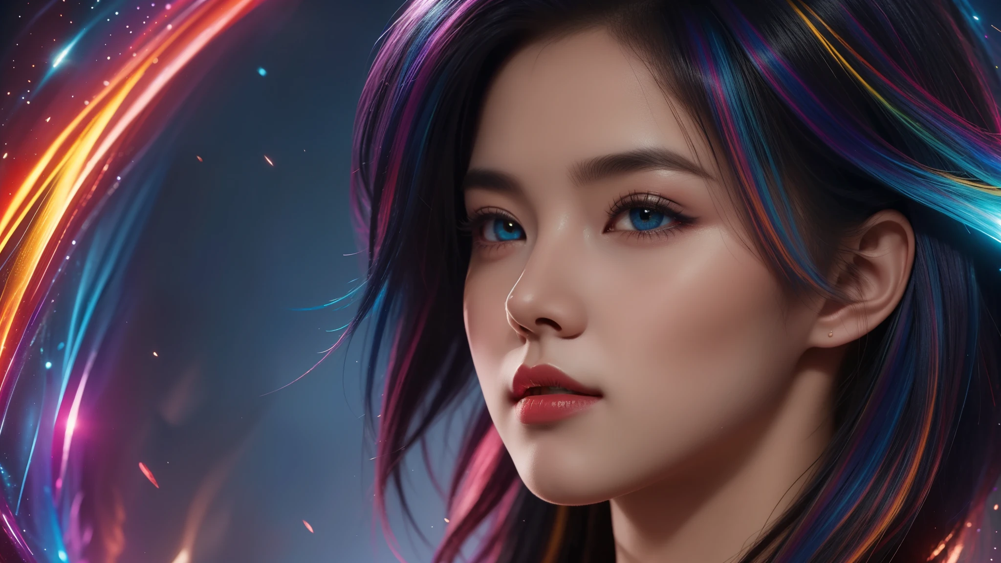 {{masterpiece}}, best quality, Extremely detailed CG unified 8k wallpaper, movie lighting, lens flare, beautiful details eyes, Black, side view, multi color hair, rich and colorful light, particle, heterochromia, (rich and colorful:1.5), (rich and colorful hair:1.5),