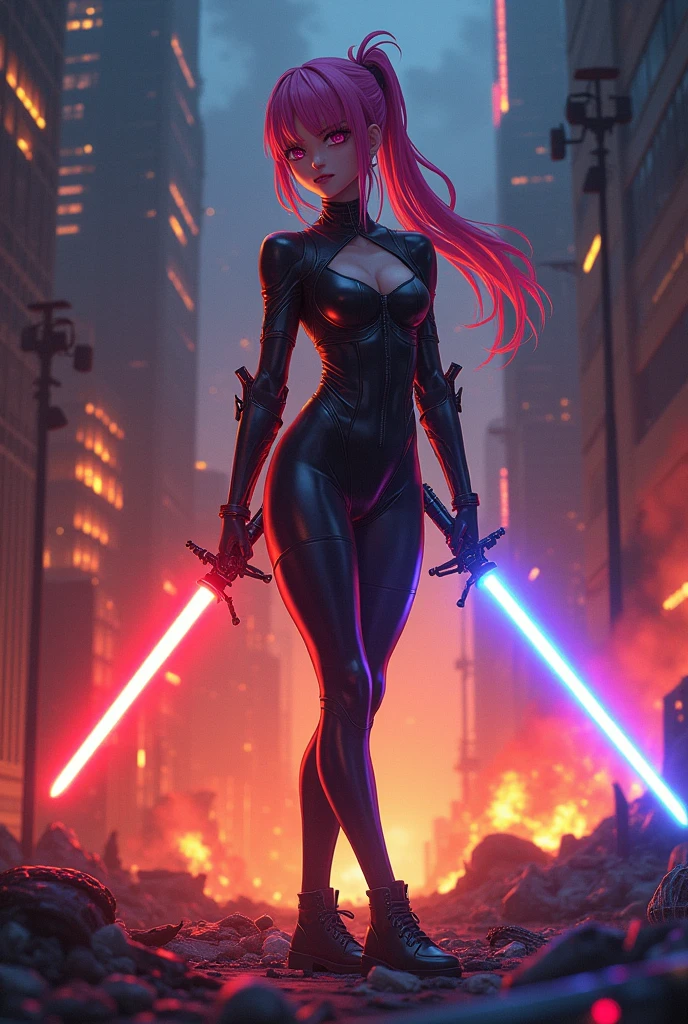 an anime girl stands with a lightsaber in her hand against the background of a burning city wearing a latex suit