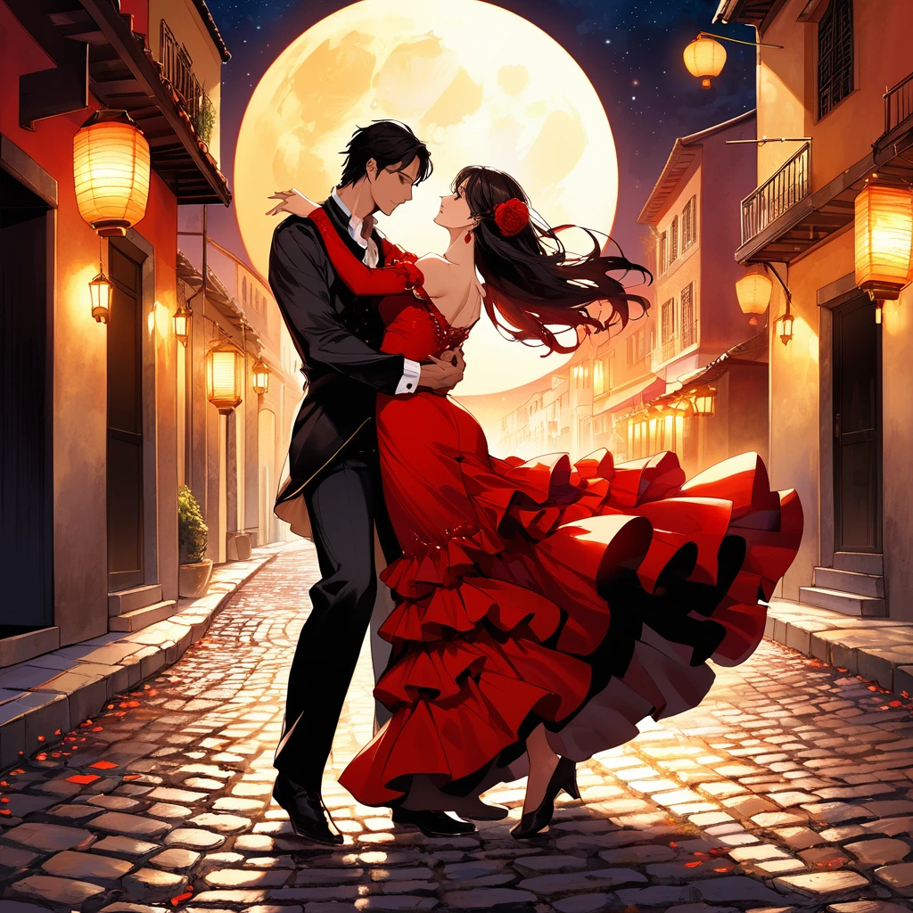 The scene depicts a couple dancing flamenco under a bright full moon, their movements full of emotion and power. The woman’s dress is a vibrant red, flowing with her every step, while the man’s posture is strong and confident. The background is a narrow cobblestone street, with old buildings and lanterns casting a warm, golden light. The colors should be deep and rich, with a focus on reds, golds, and blacks, to emphasize the drama and passion of the moment