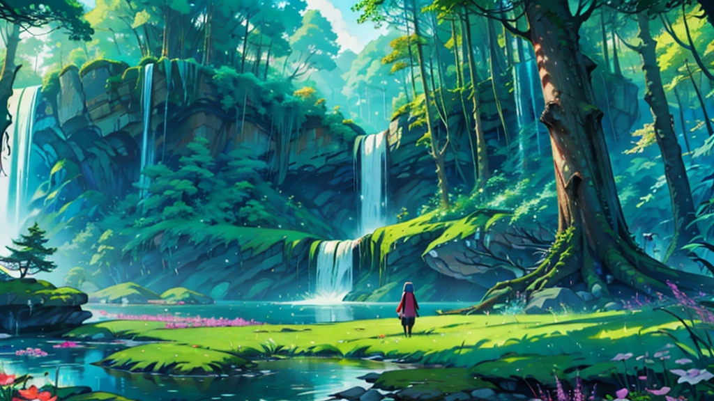 colorful forest with waterfall