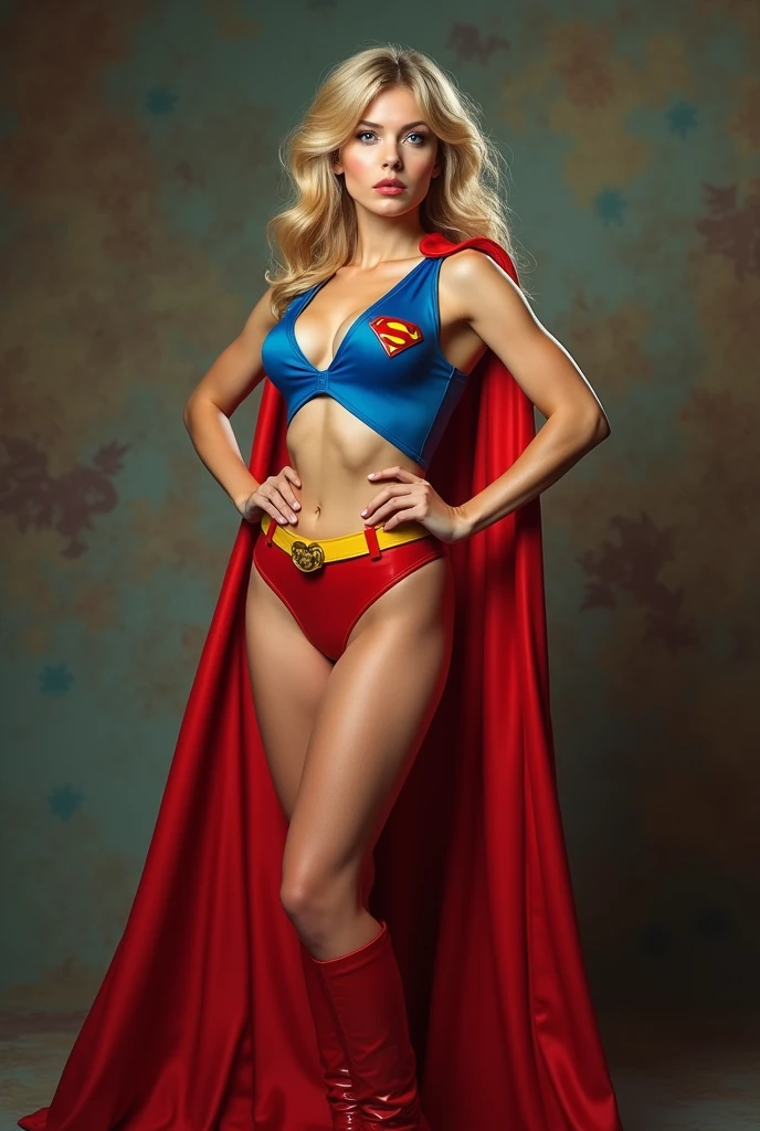 A SEXY BUSTY BLONDE TEEN FEMALE WITH BLUE EYES WEARING A 1970 SPLIT OPEN V BUTTONLESS FULL LENGTH BLUE V BLOUSE WITH A "S" EMBLEM ON THE RIGHT SIDE OF HER CHEST, A PAIR OF RED SHORTS WITH A YELLOW SUPERMAN BELT, TALL RED HEELED BOOTS, AND A LONG FLOWING RED CAPE. PHOTO REALISTIC, HYPER DETAILED AND TEXTURED.