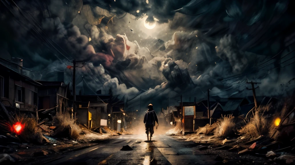 a dilapidated abandoned  at night, rain pouring down, wet roads, dark cloudy sky, smoke and dirt, atmospheric lighting, cinematic mood, dramatic shadows, gritty realism, award winning composition, hyper detailed, intricate details, photographic quality, professional photography, masterpiece