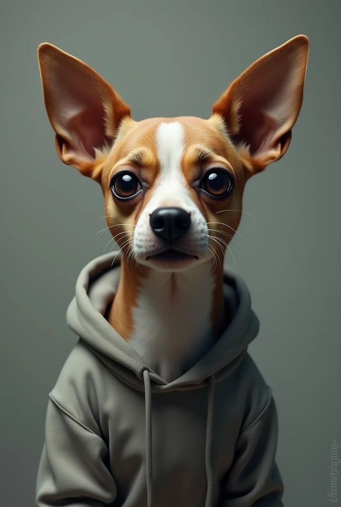 Create an image of a dog with big eyes and thin ears pointing up and tears coming out of its eyes, add a sweatshirt 