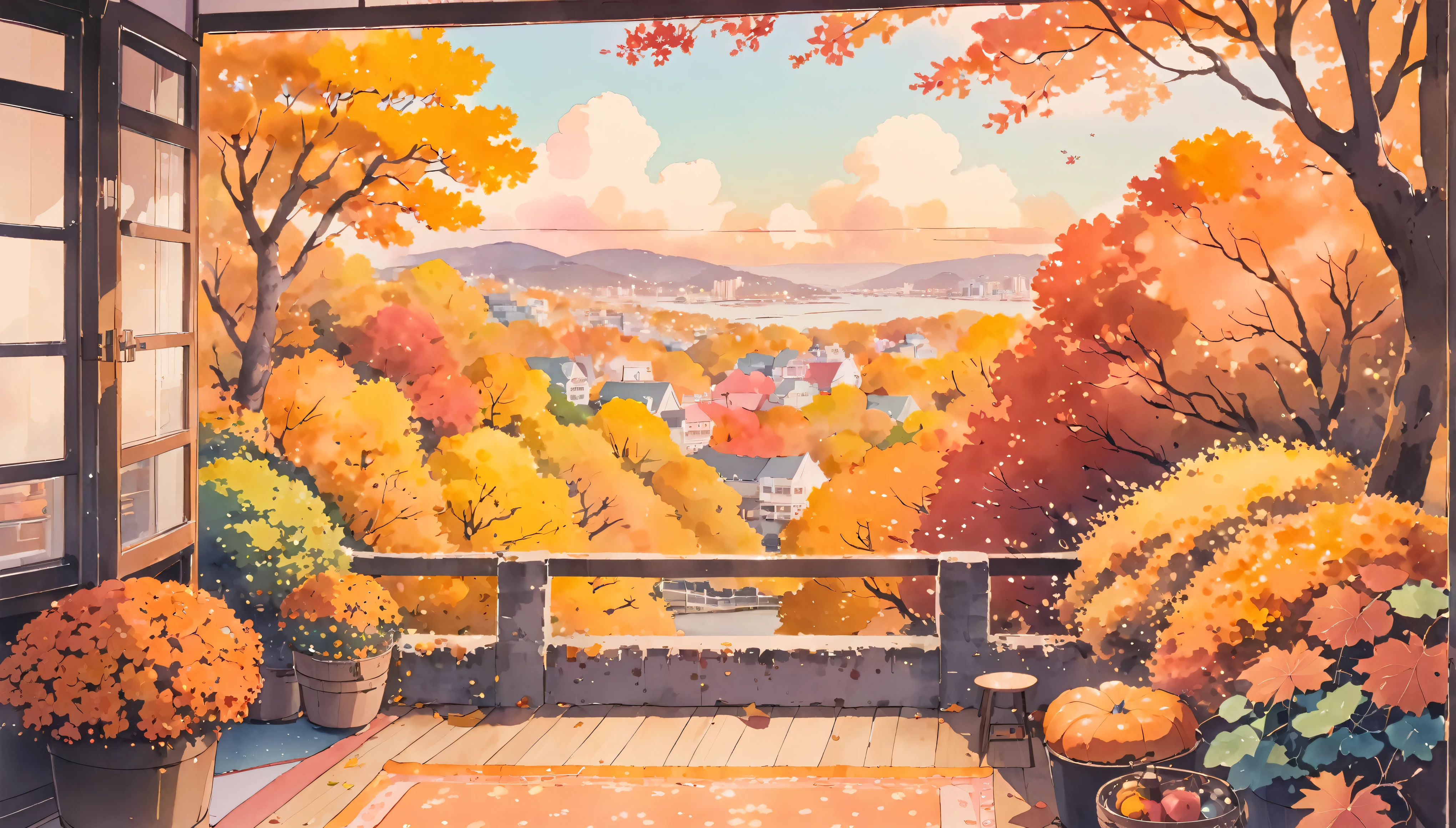 ultrawide Cozy autumn aesthetic fall,Studio ghibli inspired,Watercolor,no people,Lofi,Cute