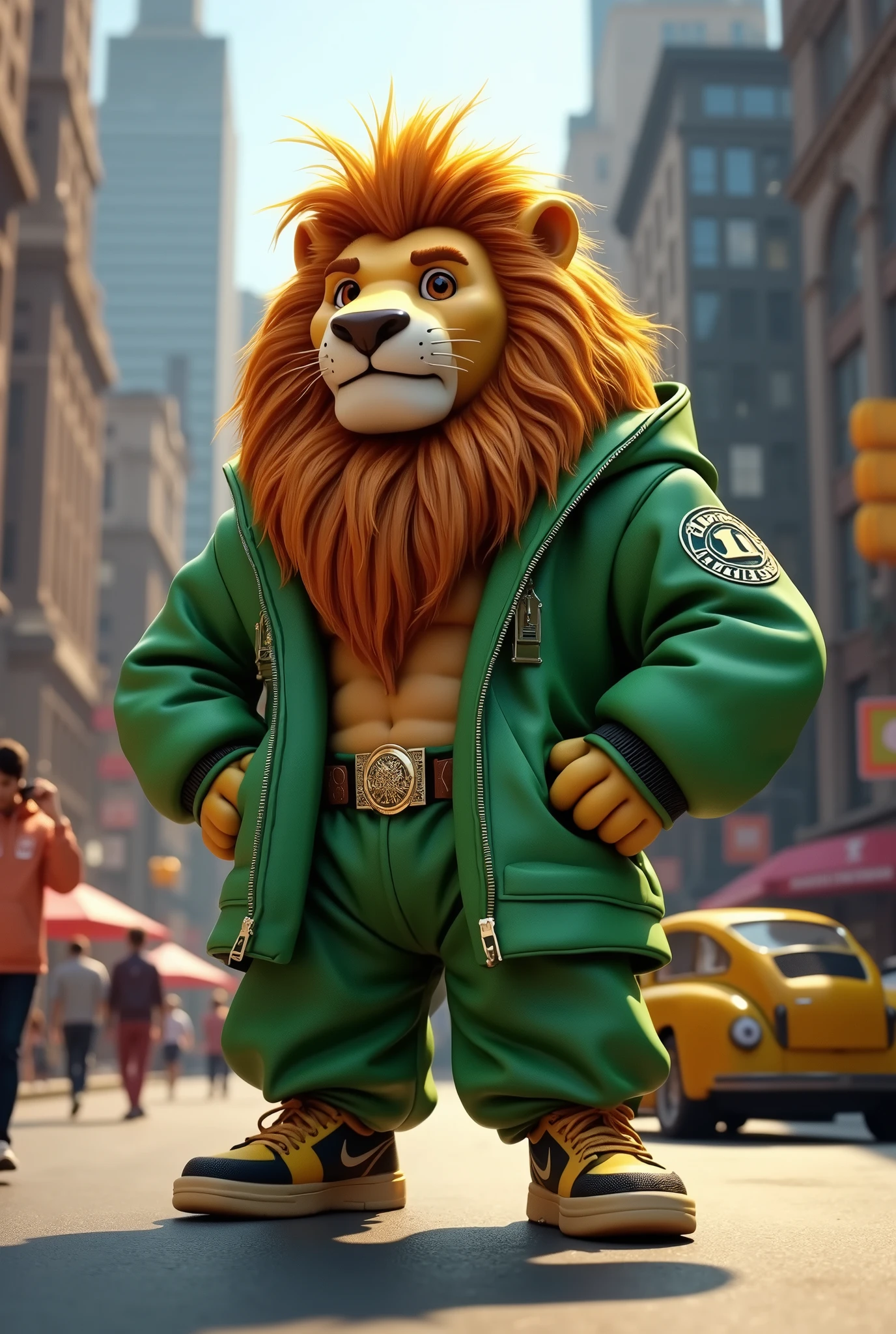 3D animated lion posing in New York dressed in green with a hip hop style