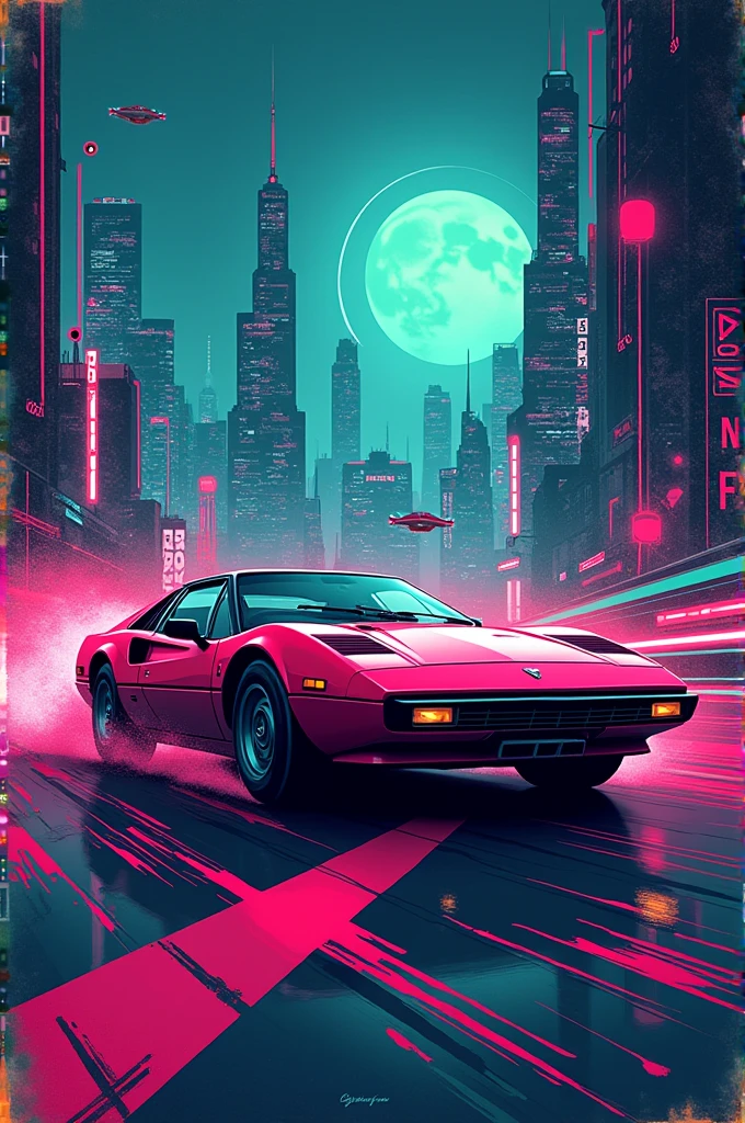"A retro t-shirt design featuring a stylized 80s sports car driving through a futuristic cityscape. The design uses neon colors like pink and teal, with a grid background and a worn texture."