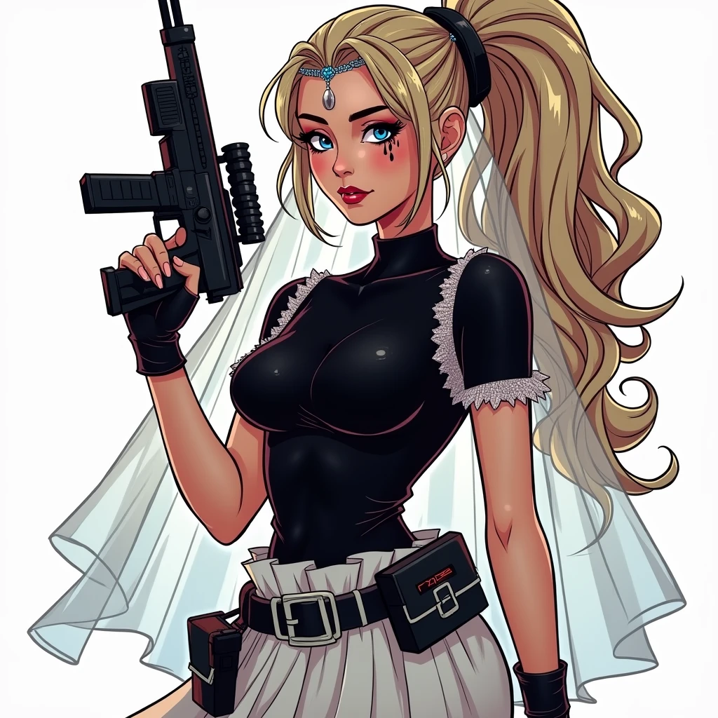 marvel comic, spy girl. beautiful with blue eyes. with blonde ponytail hair, she’s wears a short wedding dress, and has a crown vail, dressed as a bride, and her eyes are stained with dry makeup mascara tears. Shes holding a energy blaster sniper rifle
full body