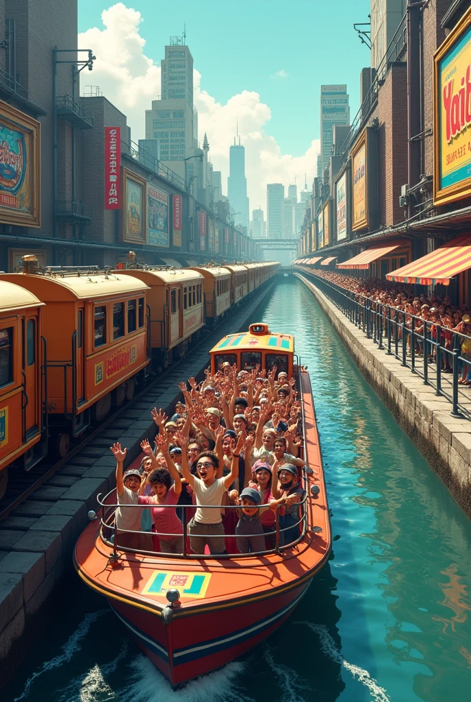 Create an image in the 80s urban environment of a railway train on tracks next to a boat on a river full of happy and waving tourists and passengers.  high quality image.