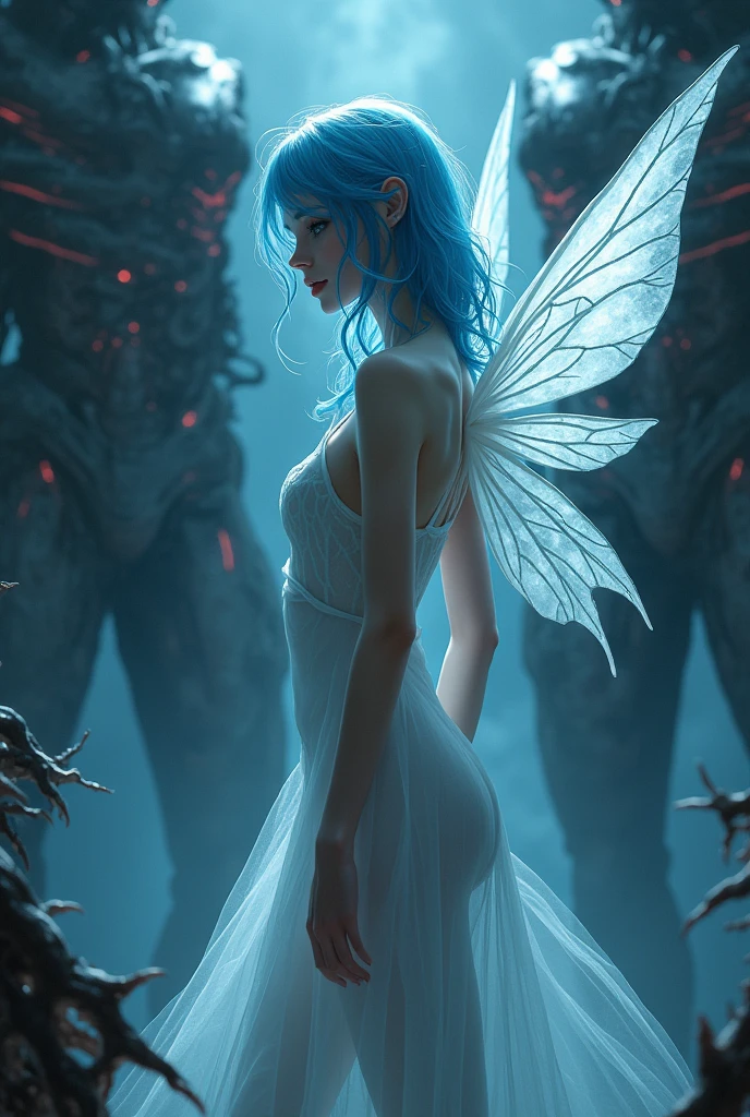 Animation of a slim woman with fine features, white skin, blue hair, and fairy wings, but dark vibes blinded by black magic with a monstrous background